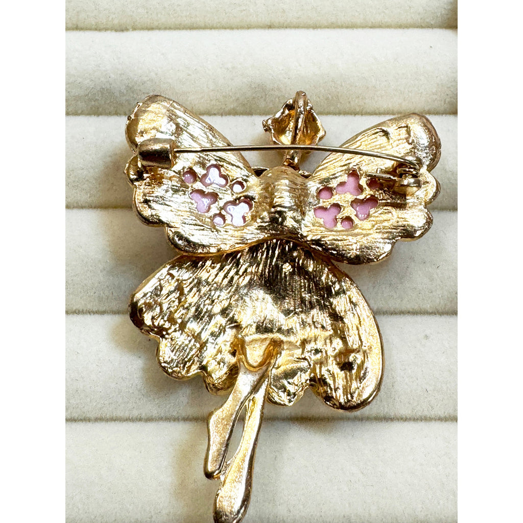 Rhinestone Fairy Ballerina Brooch Gold Tone Pink Wings 2.5" Pin CP246