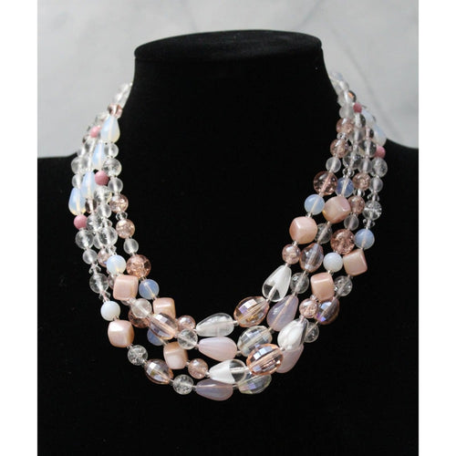 Beautiful Vintage 4 Strand Bead Necklace In Shades of Pink, White and Clear N81