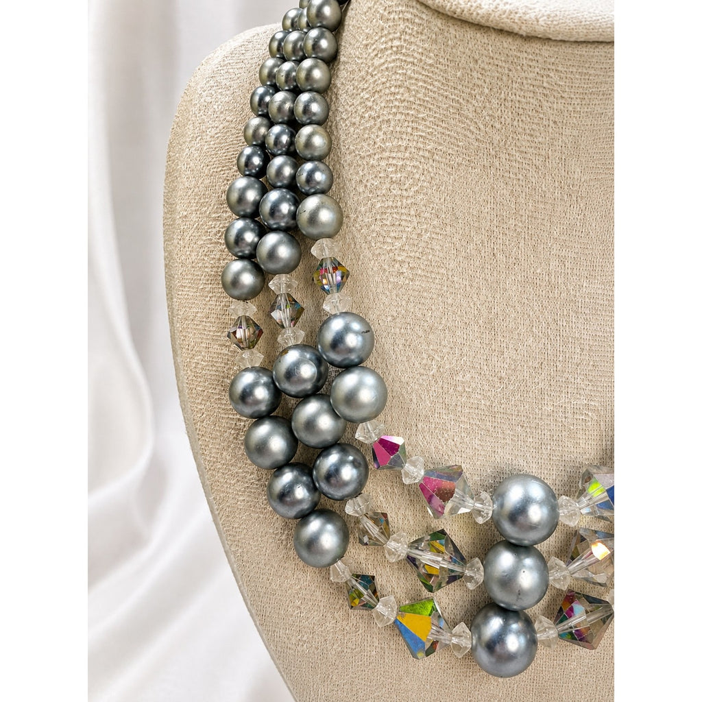 Silver Gray Faux Pearl Crystal Multi Strand Statement Necklace N643