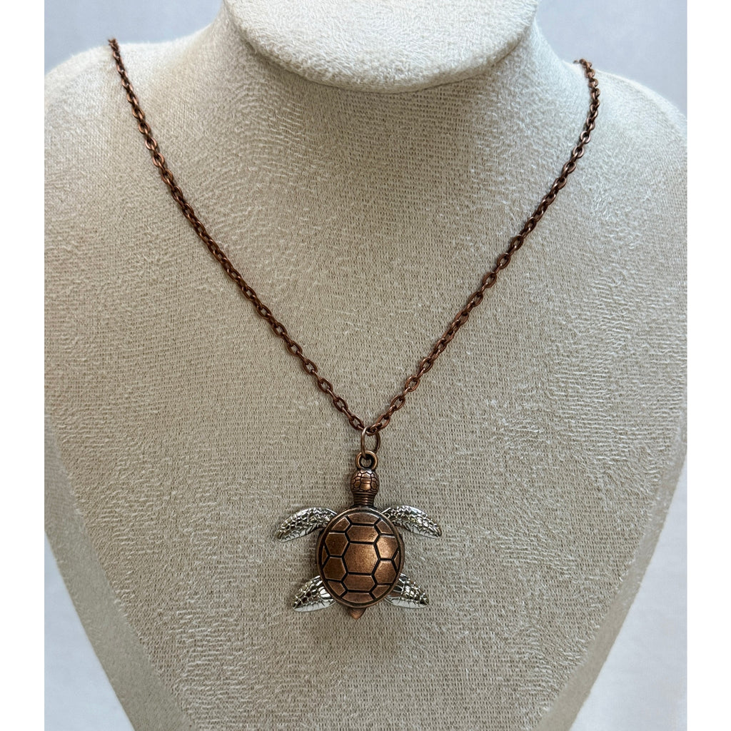 Sea Turtle Necklace Turtle Pendant 22" Chain Silver & Copper Tone  New N467