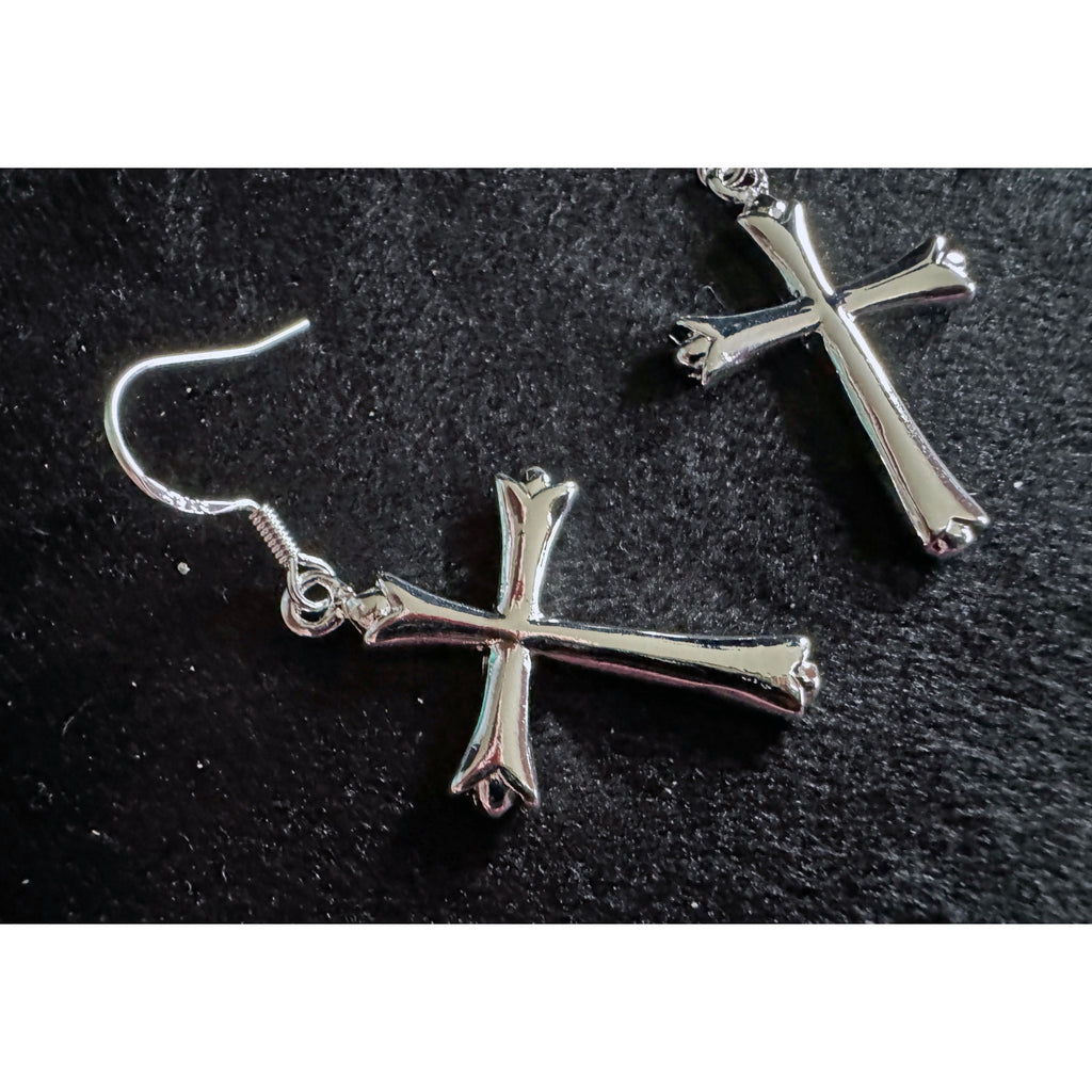 New Silver Tone Cross Dangle Earrings 1.5"  E86