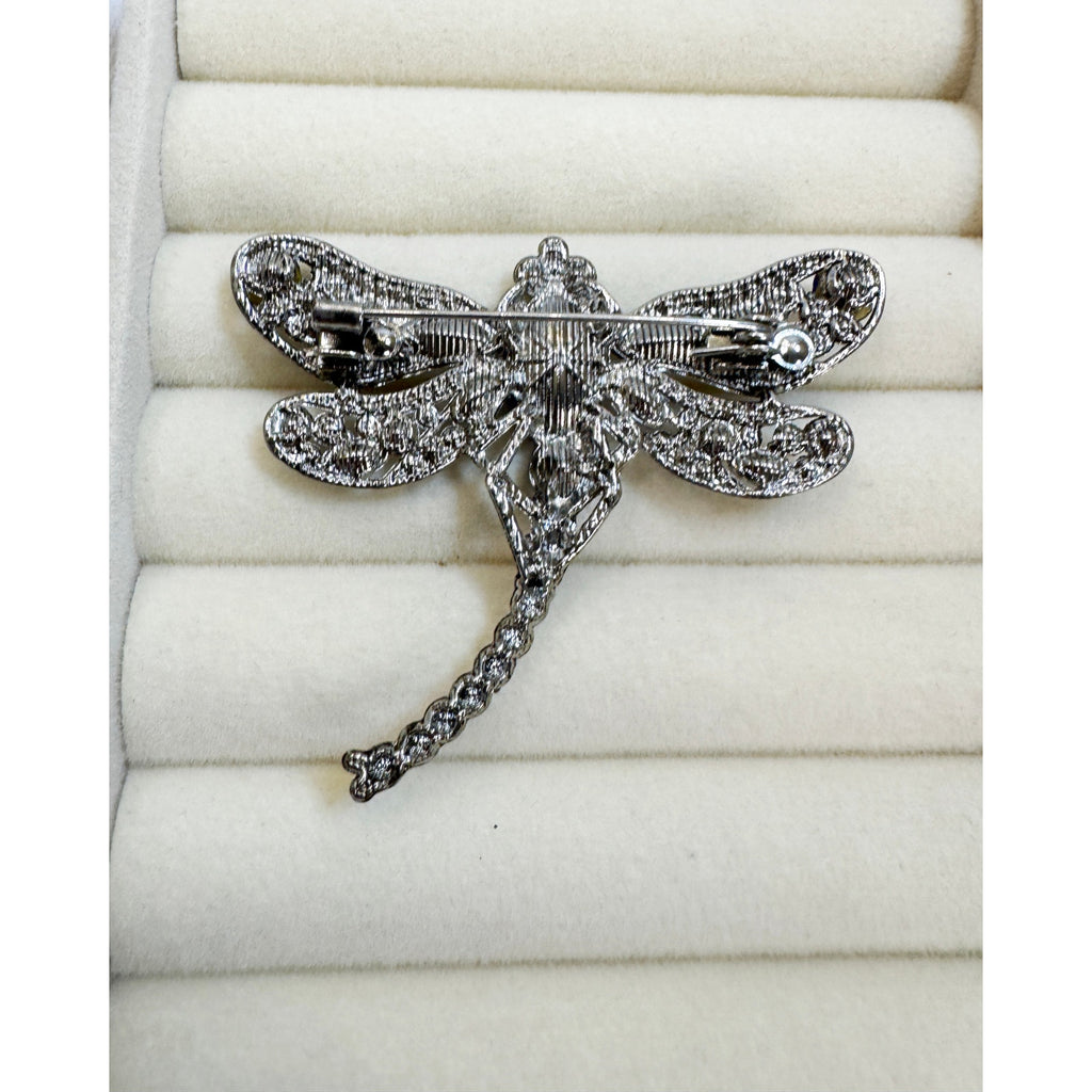Blue Rhinestone Dragonfly Brooch Pin Gunmetal Gray Crystal Insect 2" CP253