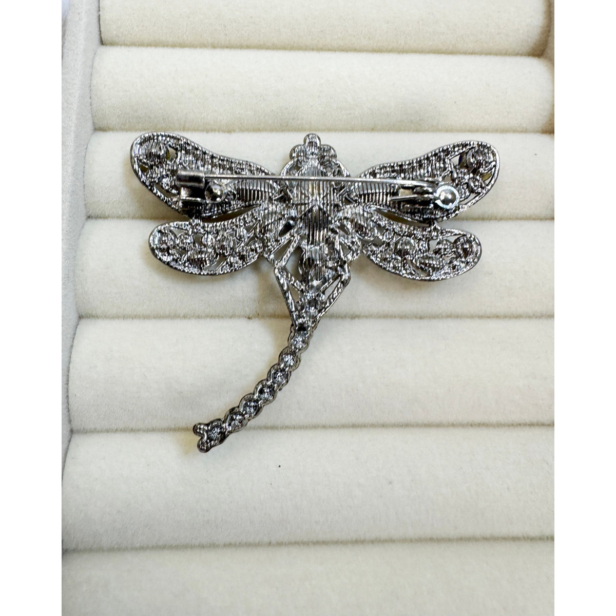 Blue Rhinestone Dragonfly Brooch Pin Gunmetal Gray Crystal Insect 2" CP253