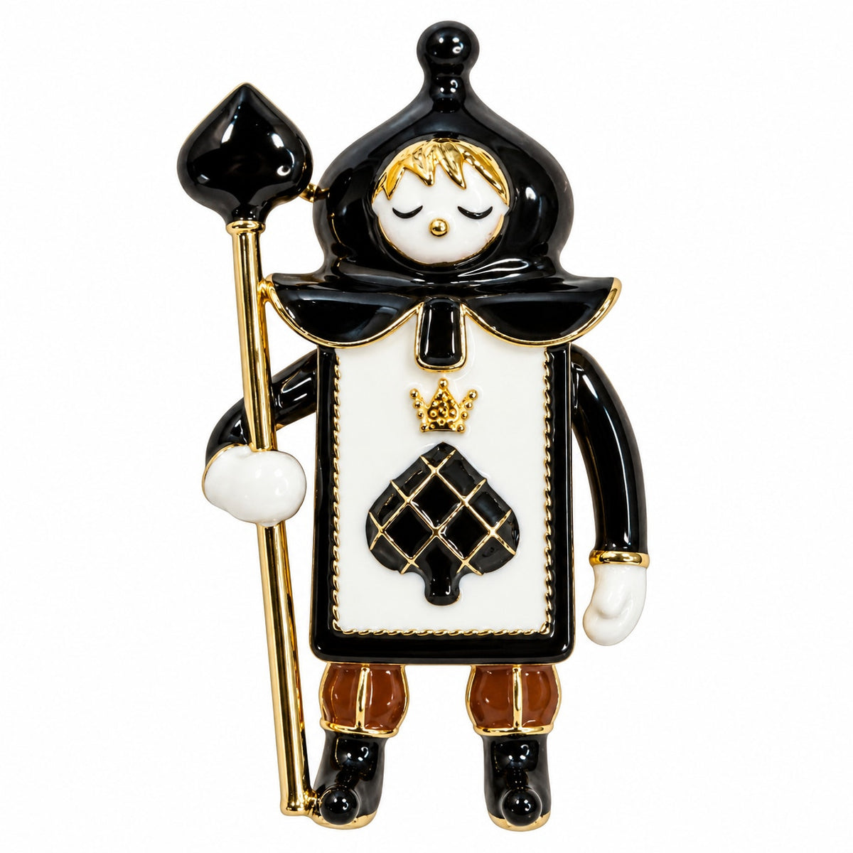 Black White Royal Guard Brooch Pin Gold Tone Spade Playing Card 2.5" CP162