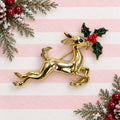 Vintage Reindeer Brooch Gold Tone Holly Enamel Christmas Pin Missing Eye CP263