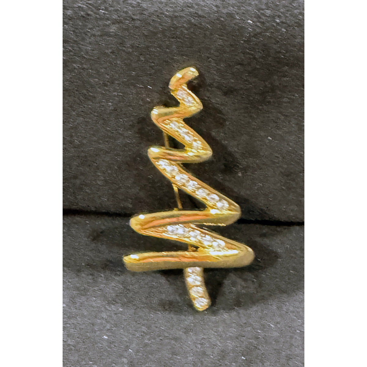 Gold Swirl Christmas Tree Brooch with Clear Rhinestones Holiday Jewelry CP62