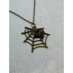 Halloween Spider Web Necklace Antique Bronze Spider Pendant 18" Chain E296