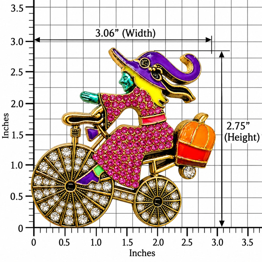 Halloween Witch Bicycle Brooch Rhinestone Enamel Pumpkin Gold Tone Pin CP213