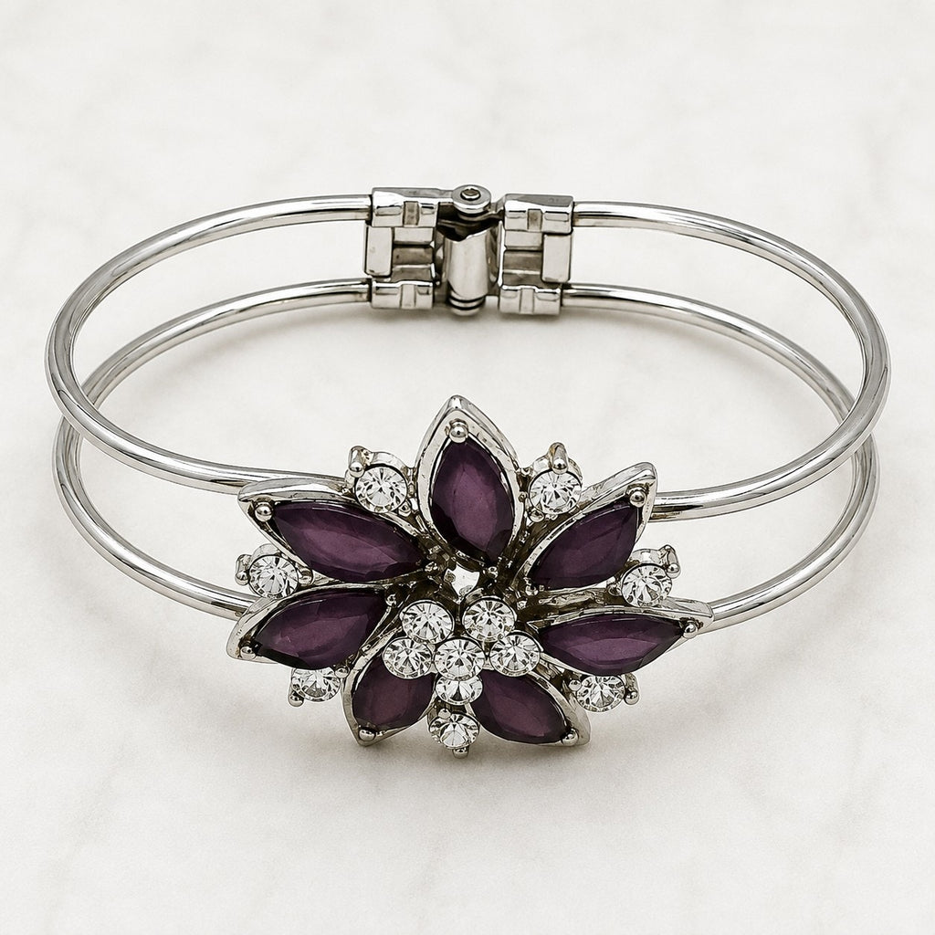 Purple Floral Rhinestone Hinged Bangle Bracelet Silver Tone Statement B168