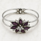 Purple Floral Rhinestone Hinged Bangle Bracelet Silver Tone Statement B168