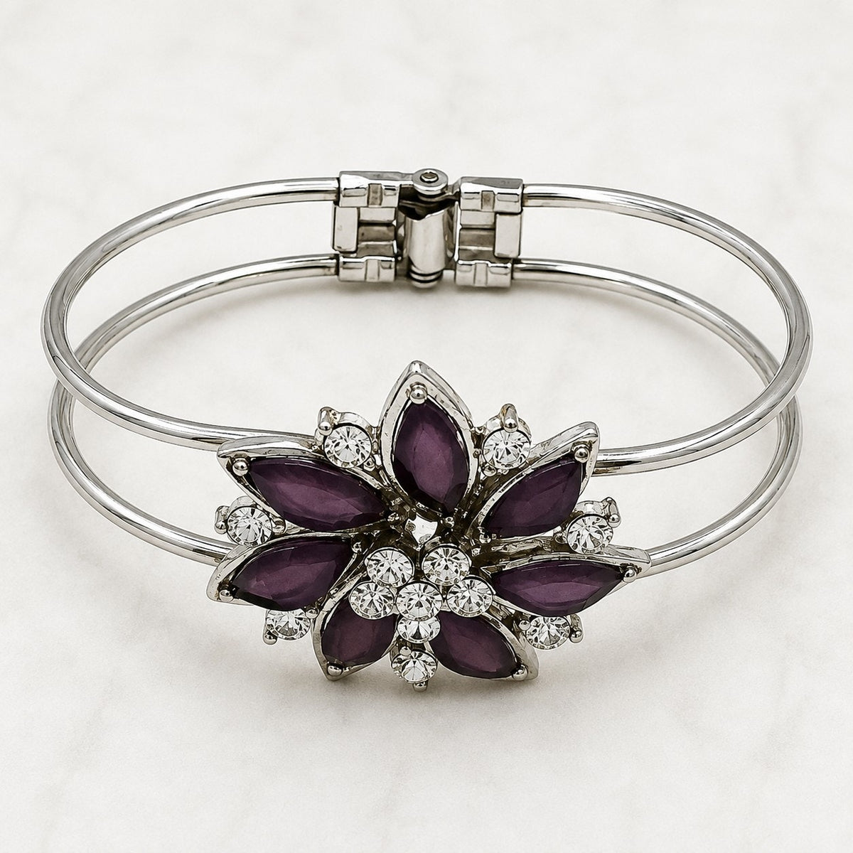 Purple Floral Rhinestone Hinged Bangle Bracelet Silver Tone Statement B168
