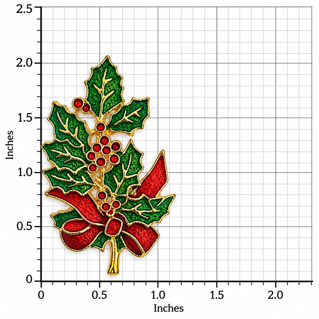 Christmas Holly Brooch Green Red Enamel Rhinestone Gold Tone Holiday Pin CP176