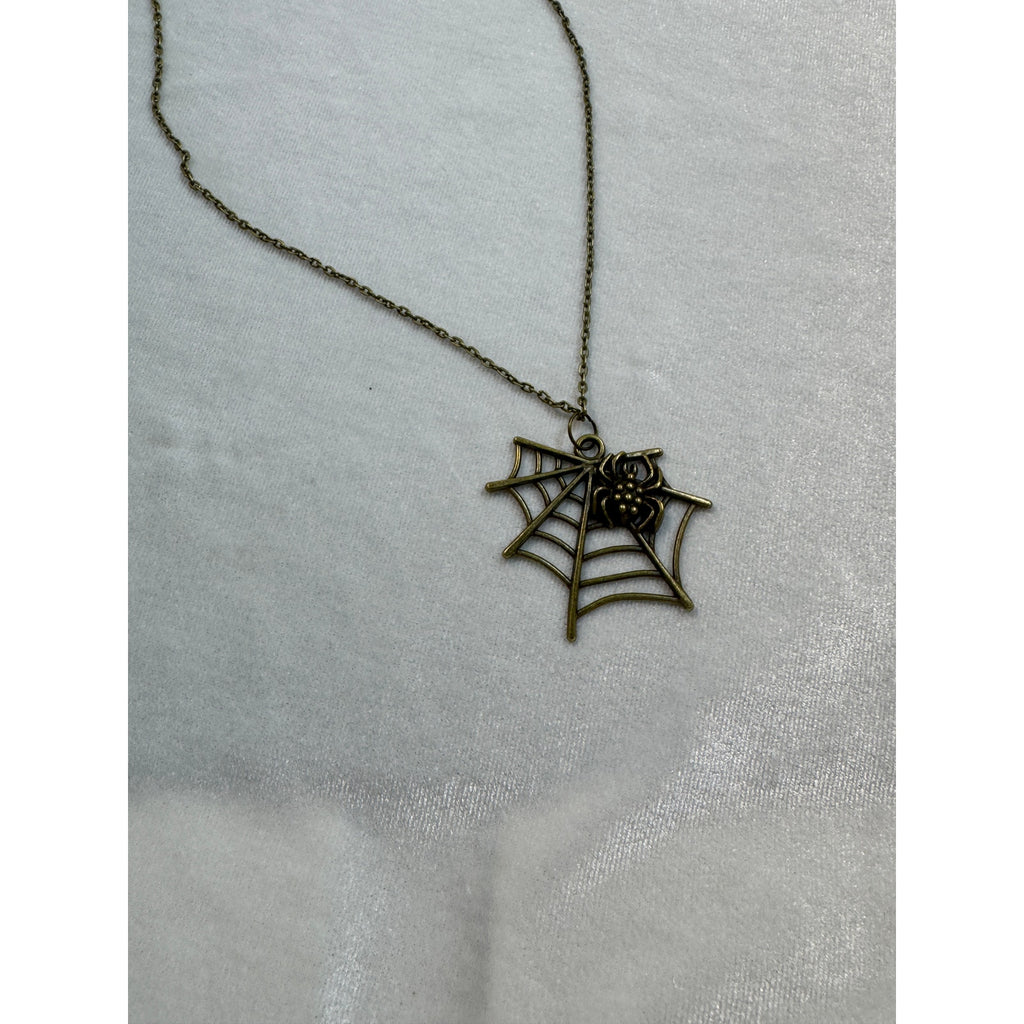 Halloween Spider Web Necklace Antique Bronze Spider Pendant 18" Chain E296
