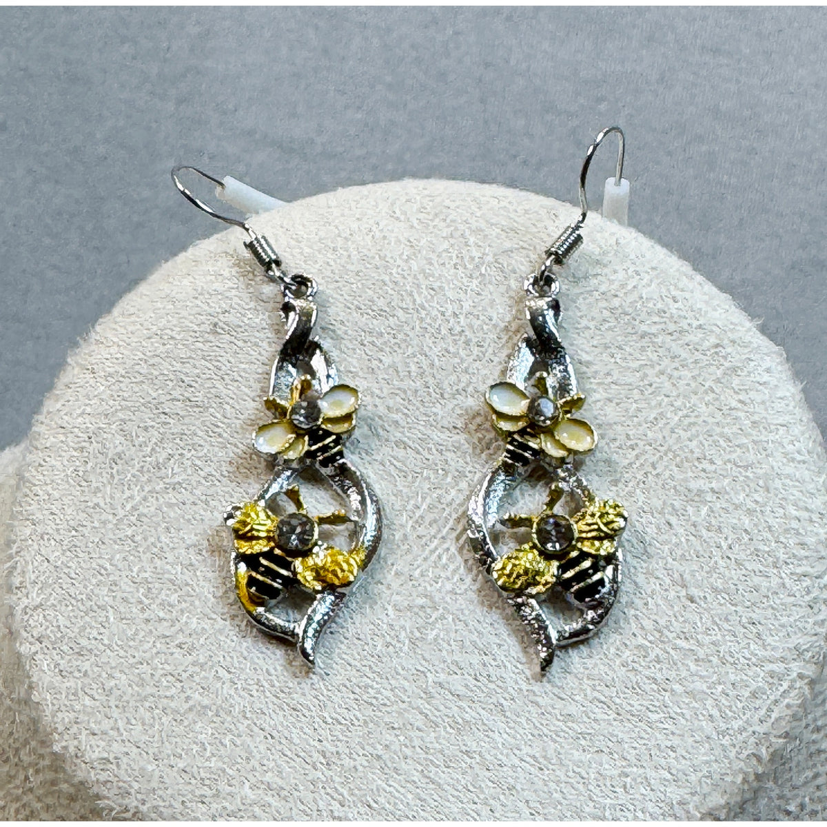 Bee & Flower Necklace Earrings Set Silver Tone Rhinestone Nature E372