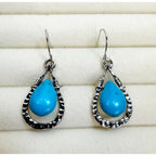 Turquoise Teardrop Drop Earrings Silver Tone Boho Western Dangle E798