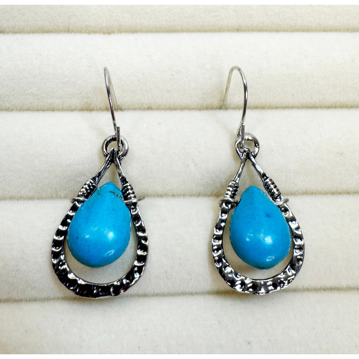Turquoise Teardrop Drop Earrings Silver Tone Boho Western Dangle E798