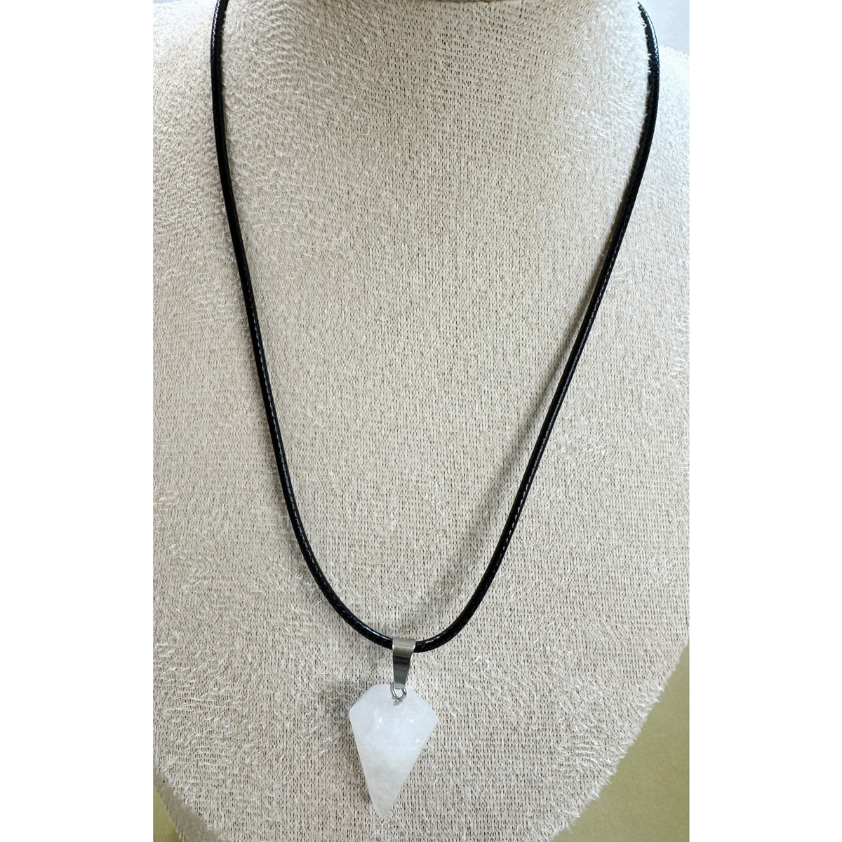 White Stone Point Pendant Necklace 24" Black Cord Boho Healing Gift N536