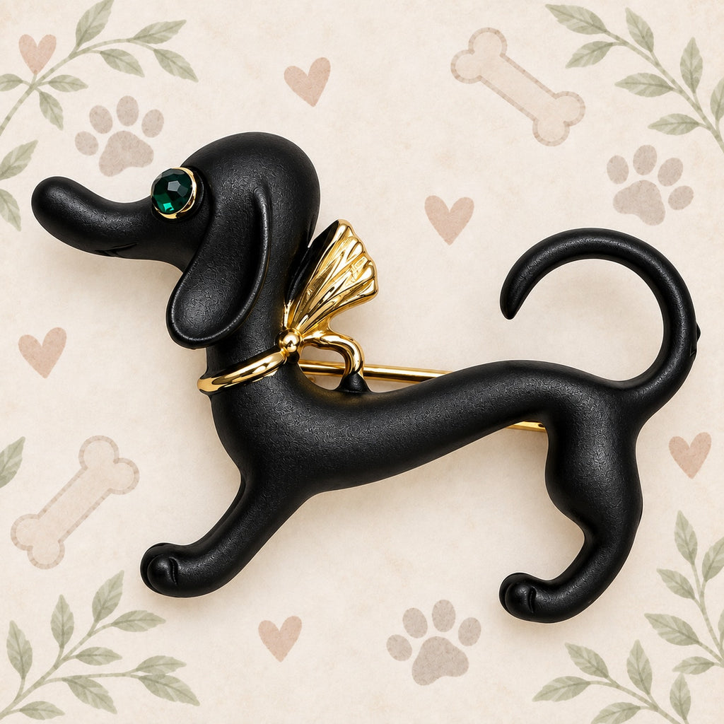 Black Dachshund Dog Brooch Pin Green Eyes Whimsical Puppy Jewelry CP169