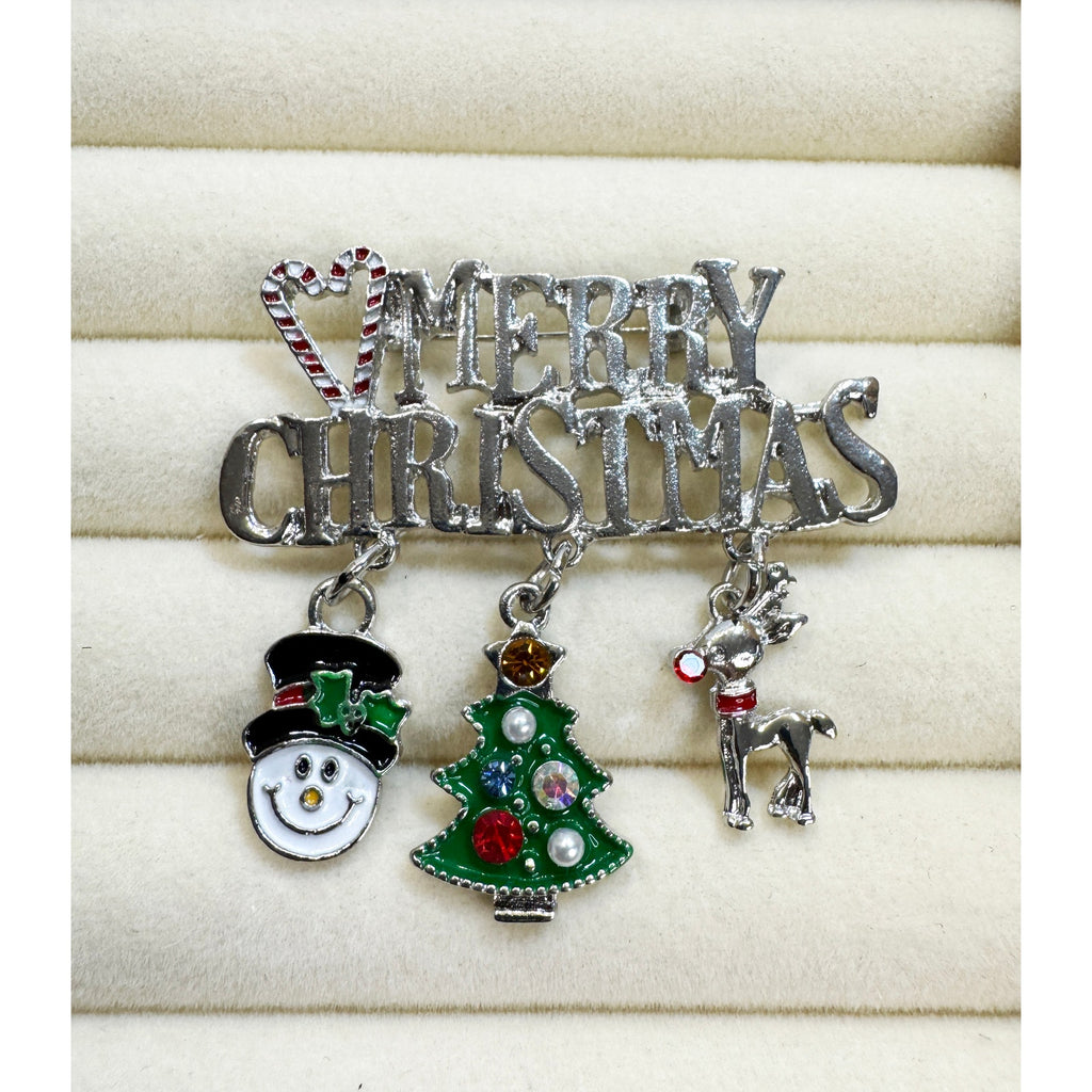 Merry Christmas Pin Brooch Snowman Tree Reindeer Charms Holiday Brooch 2" CP161