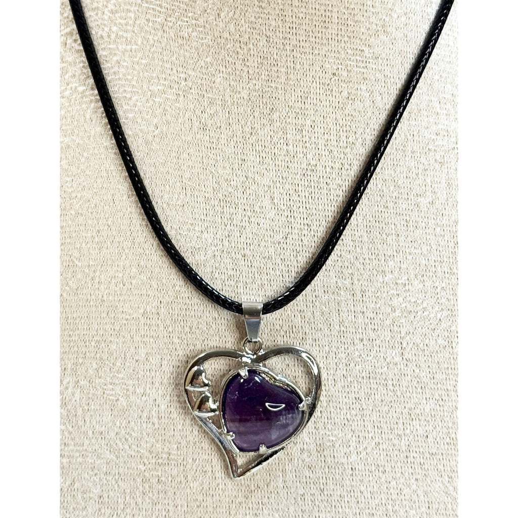 Purple Heart Stone Pendant Necklace 24" Black Cord Silver Tone Boho N526