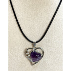 Purple Heart Stone Pendant Necklace 24" Black Cord Silver Tone Boho N526