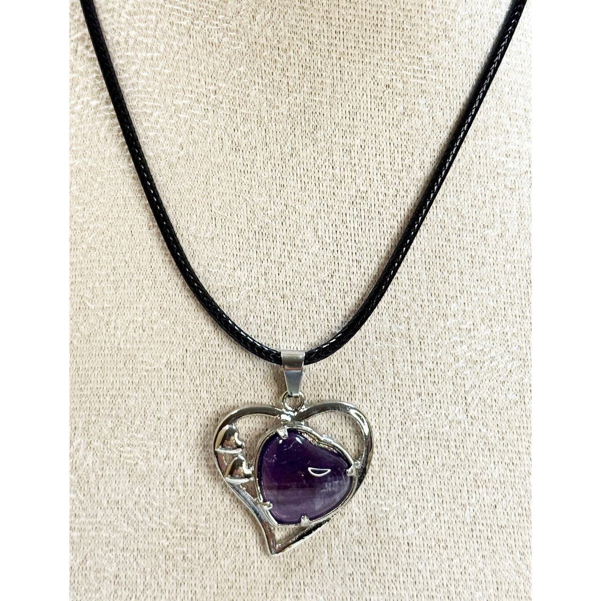 Purple Heart Stone Pendant Necklace 24" Black Cord Silver Tone Boho N526