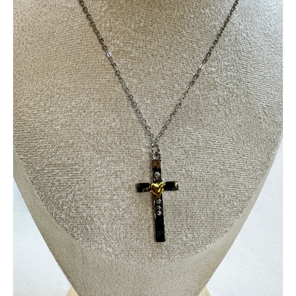 Silver Cross Necklace Gold Heart Accent Christian Faith 18-20" Chain 1.5" N360