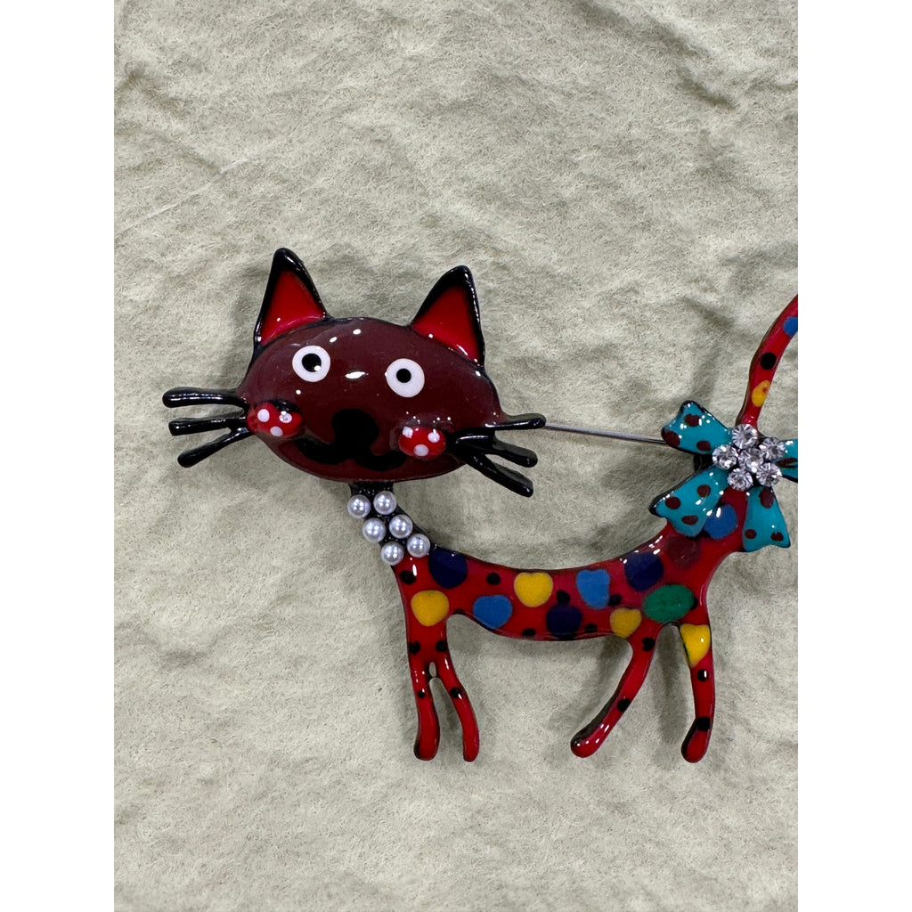 New Whimsical Red & Multi-Color Enamel Cat Brooch Pin  Costume Jewelry CP25