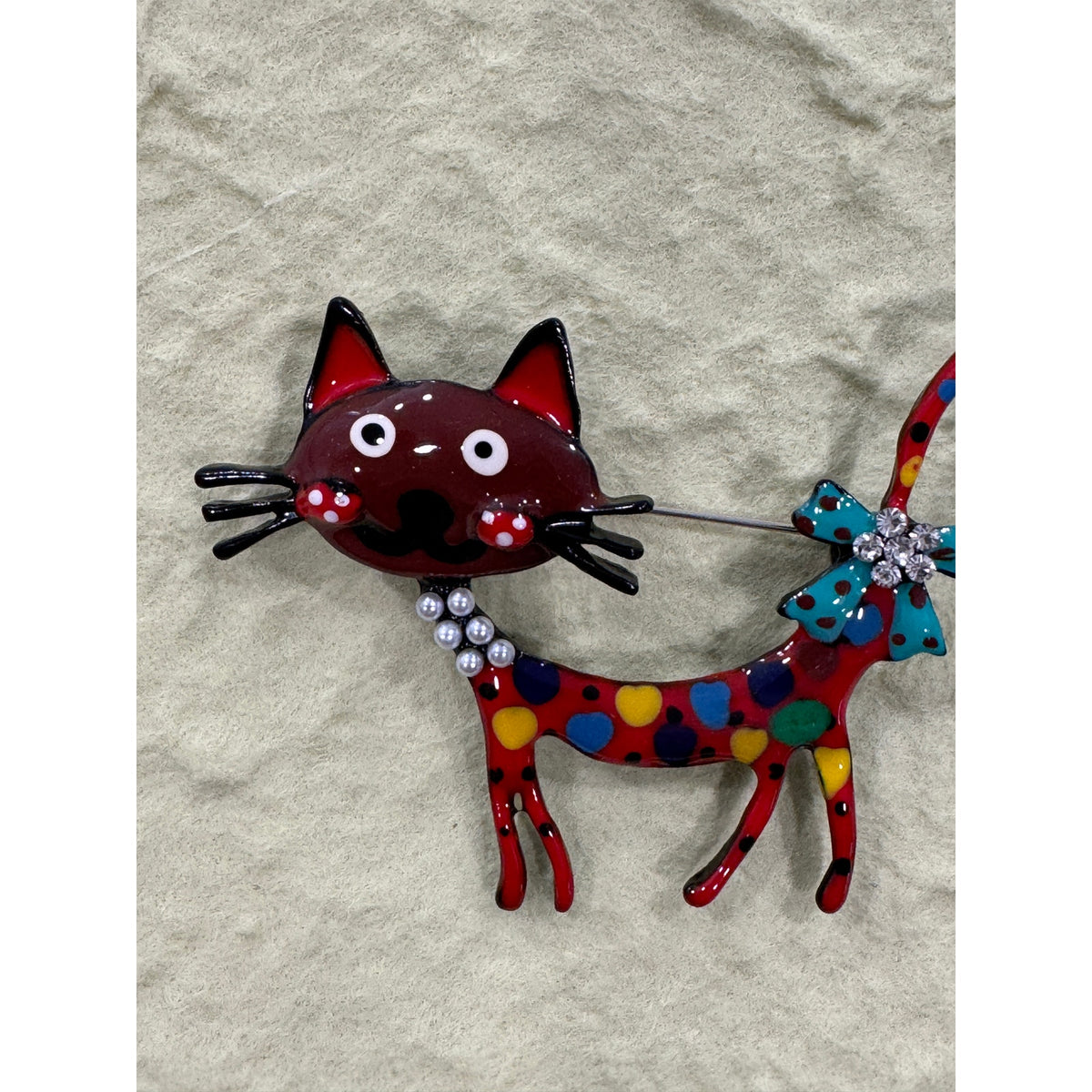 New Whimsical Red & Multi-Color Enamel Cat Brooch Pin  Costume Jewelry CP25