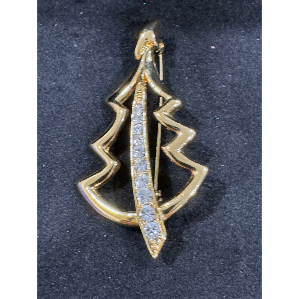Vintage Gold Tone Rhinestone Christmas Tree Brooch Pin 1.25x2.25 Inches  CP64
