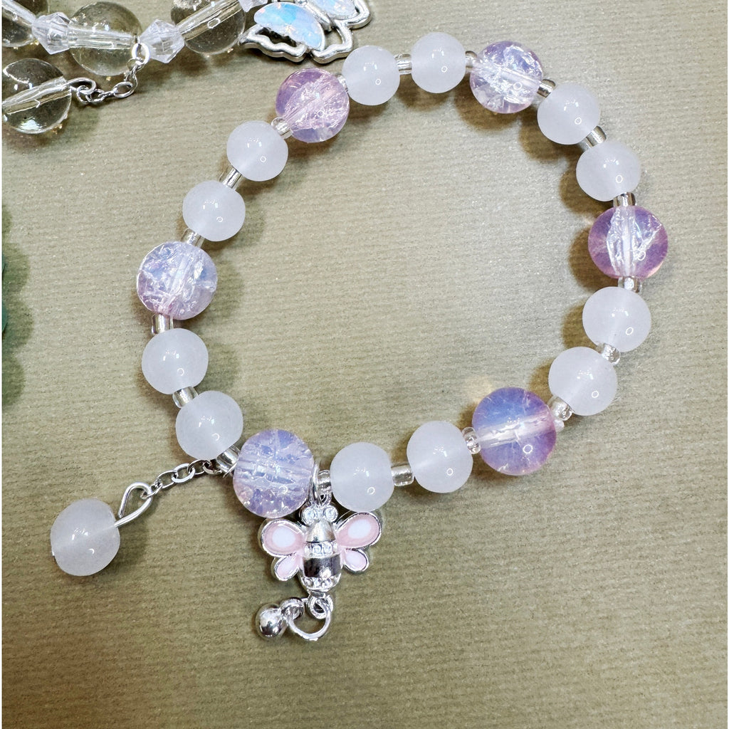 Set of 3 Stretch Beaded Charm Bracelets Butterfly Bee Pumpkin Green Pink B121
