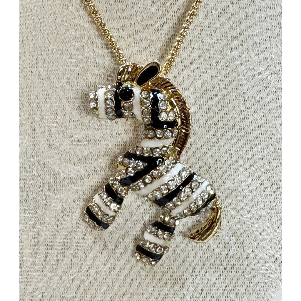 Zebra Pendant Necklace Gold Tone Rhinestone Enamel 22-24" Chain New N387