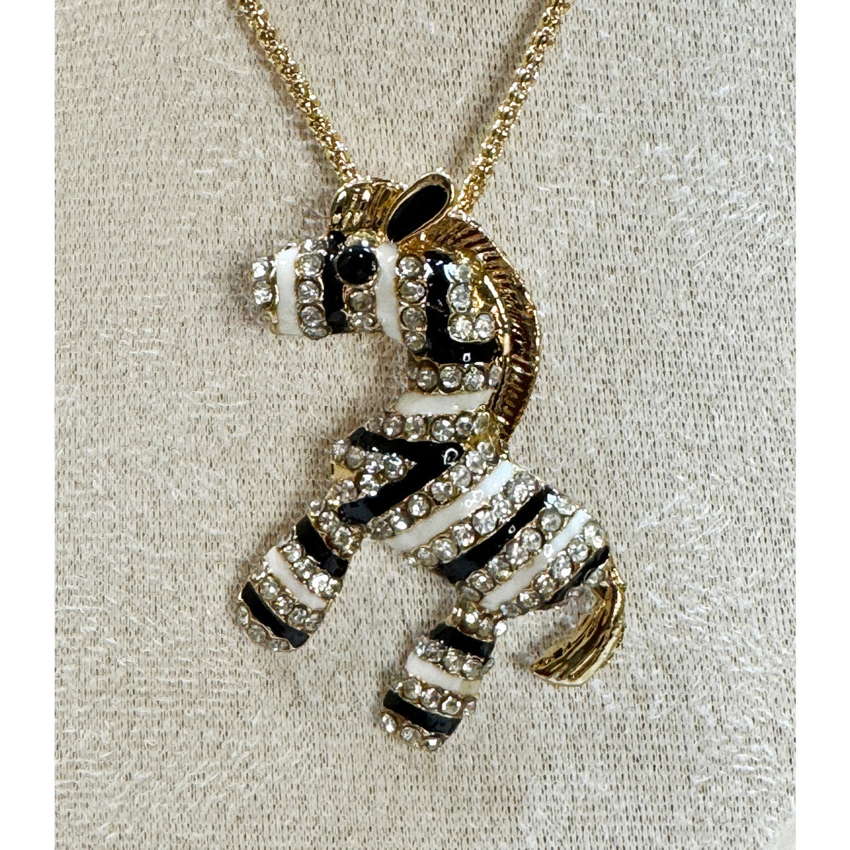 Zebra Pendant Necklace Gold Tone Rhinestone Enamel 22-24" Chain New N387