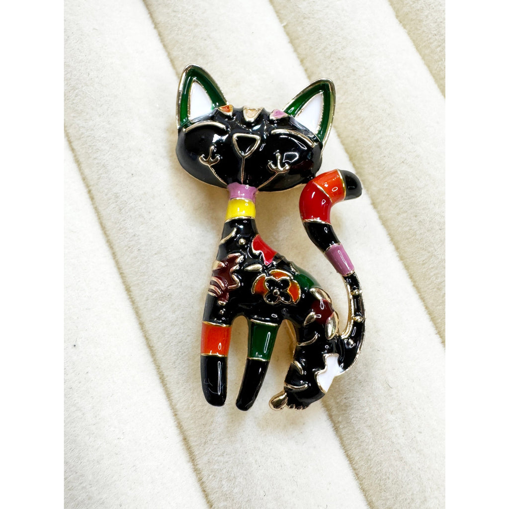 Black Enamel Cat Brooch Pin Colorful Floral Art Kitty 1.5 Inch New  CP185
