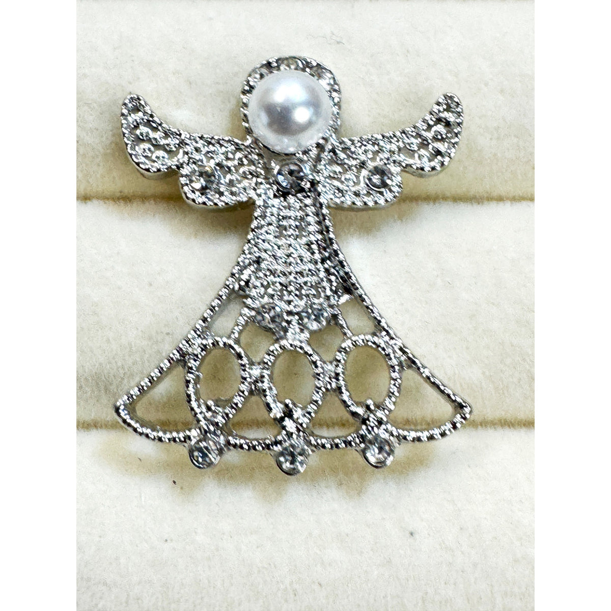 Silver Tone Angel Lapel Pin Brooch Faux Pearl Rhinestone Christmas Holiday CP255