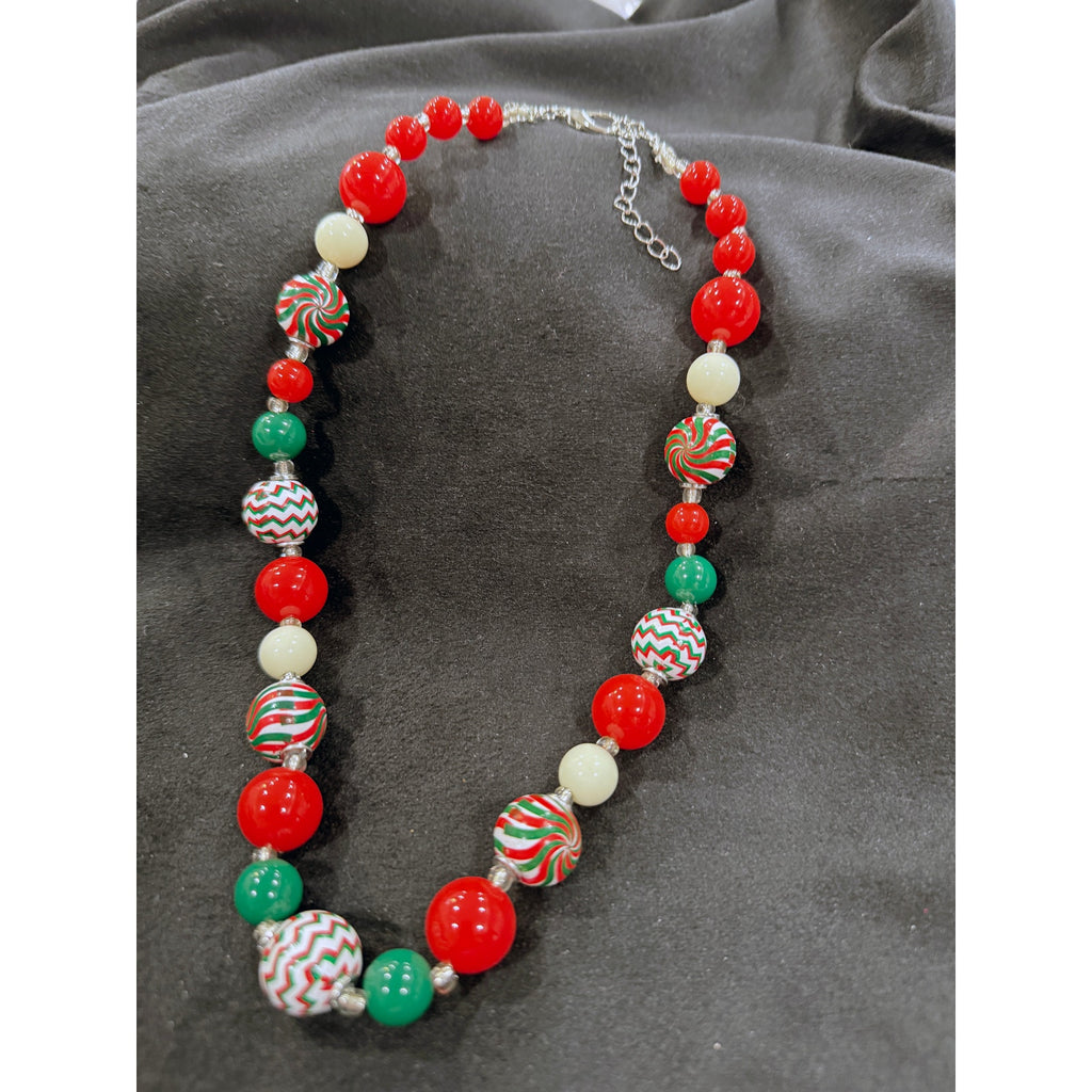 Whimsical Candy Cane & Peppermint Swirl Beaded Christmas Necklace N110