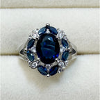 Size 7 New Blue Sapphire Color Ring Silver Oval Cocktail Statement Ring R003