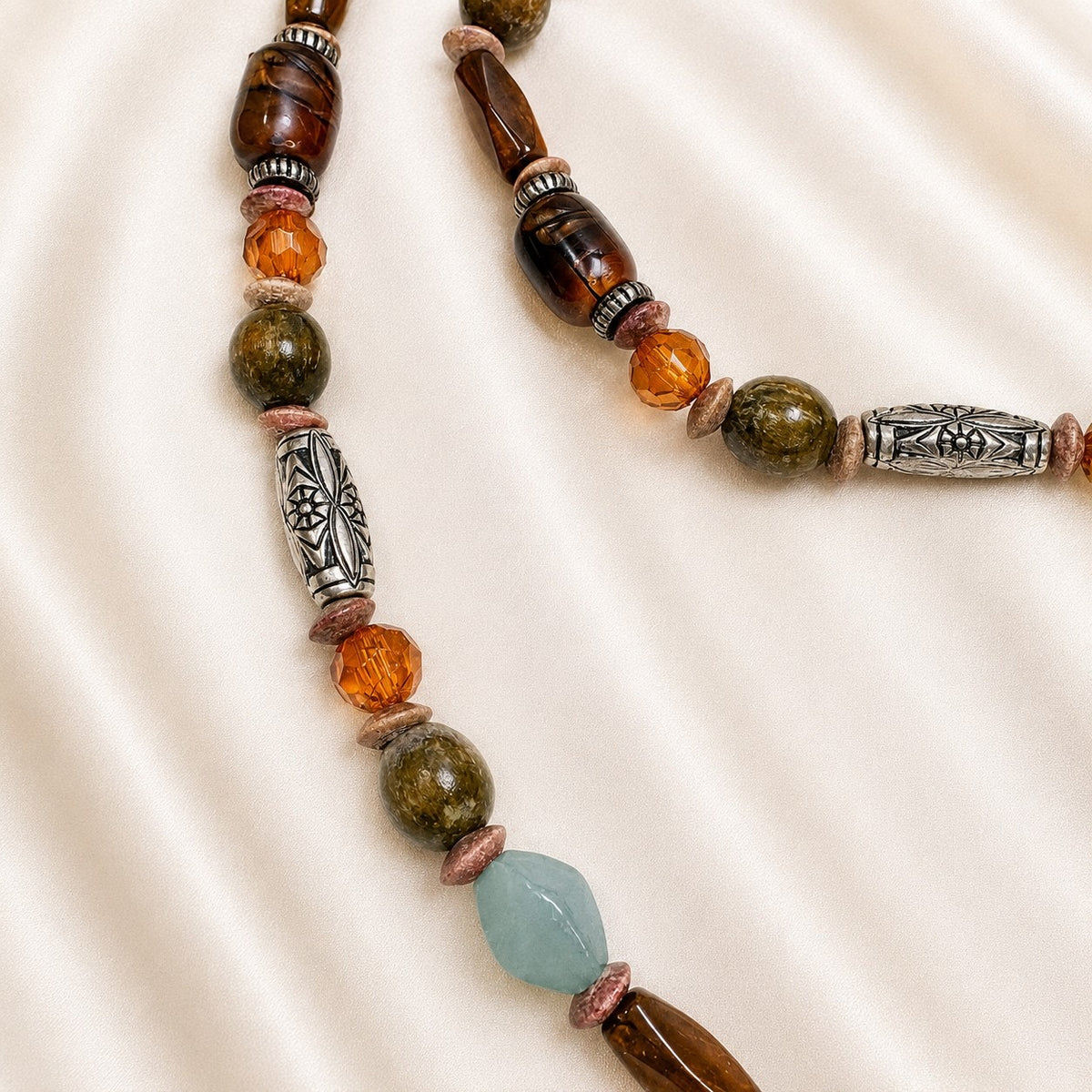 Long Multicolor Beaded Necklace Boho Silver Tone Statement Jewelry N647