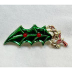 Vintage Enamel Holly Leaf Brooch Pin Green Red Gold Tone Christmas  2.25" CP182