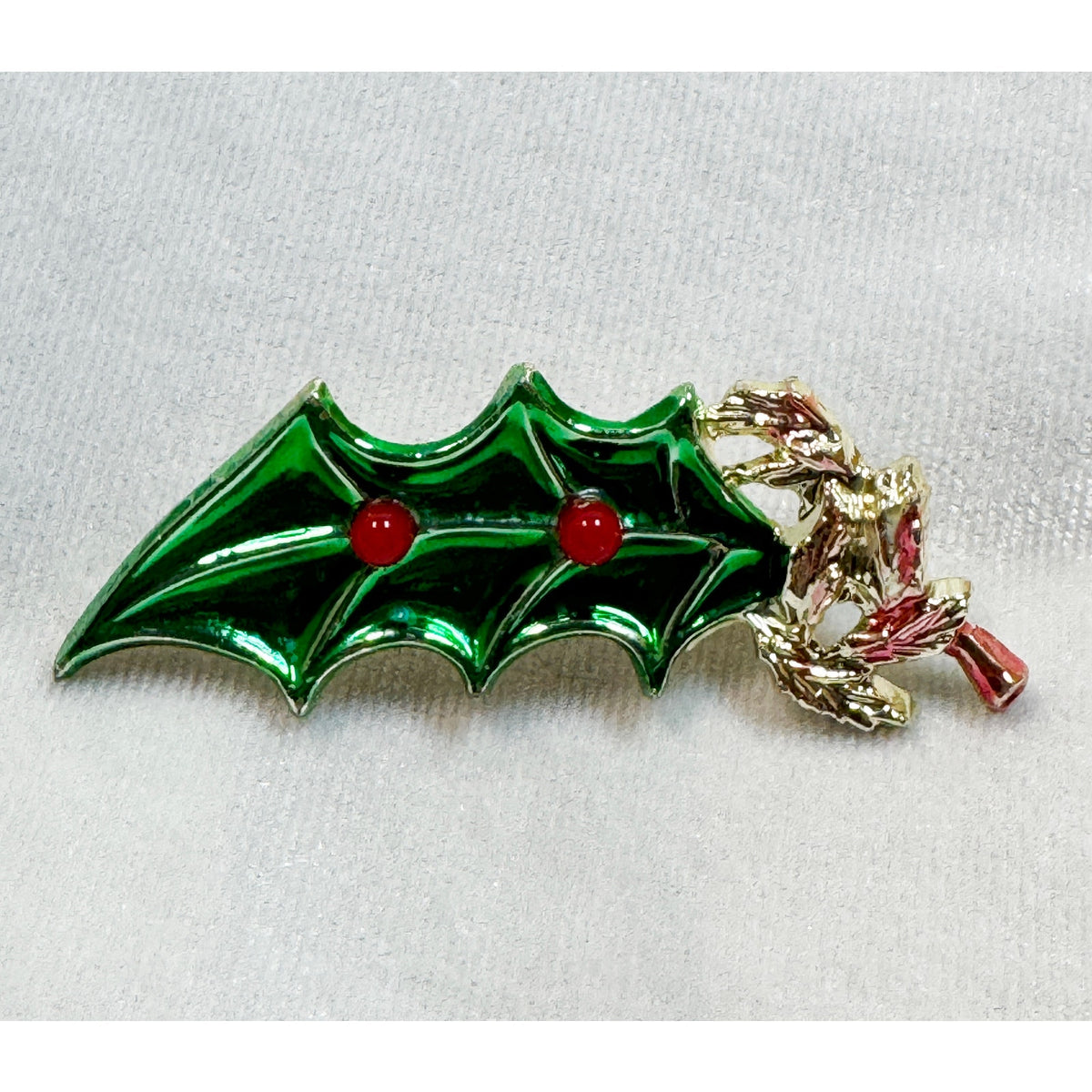 Vintage Enamel Holly Leaf Brooch Pin Green Red Gold Tone Christmas  2.25" CP182