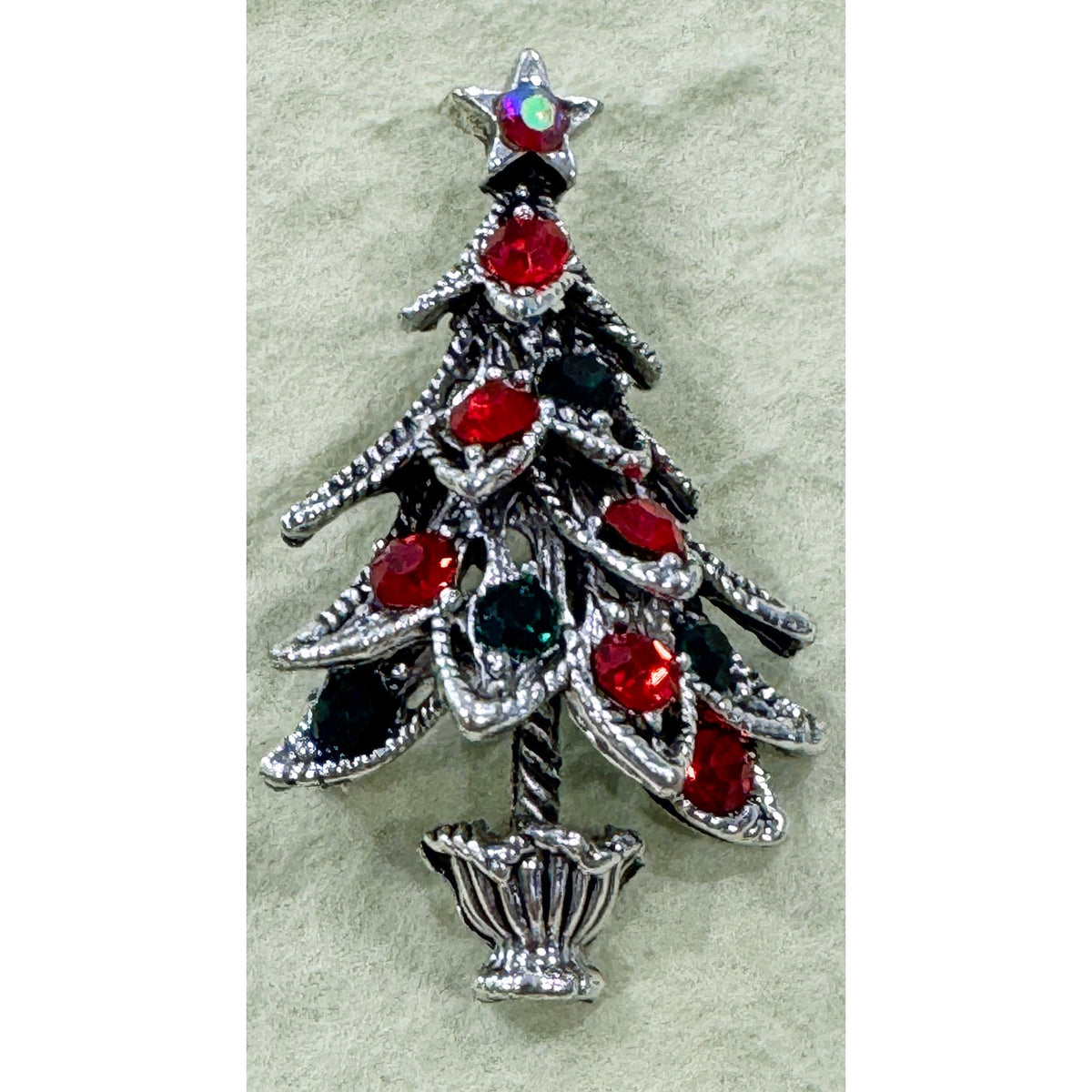 New Silver Tone Christmas Tree Brooch with Red and Green Rhinestones CP15