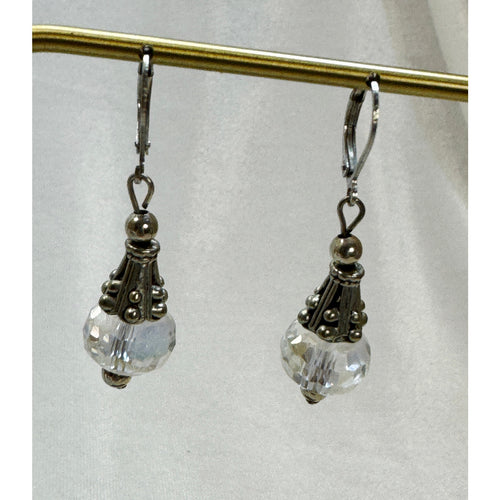 Crystal Bead Leverback Dangle Earrings Silver 1.5 Inch Pre-Loved E609