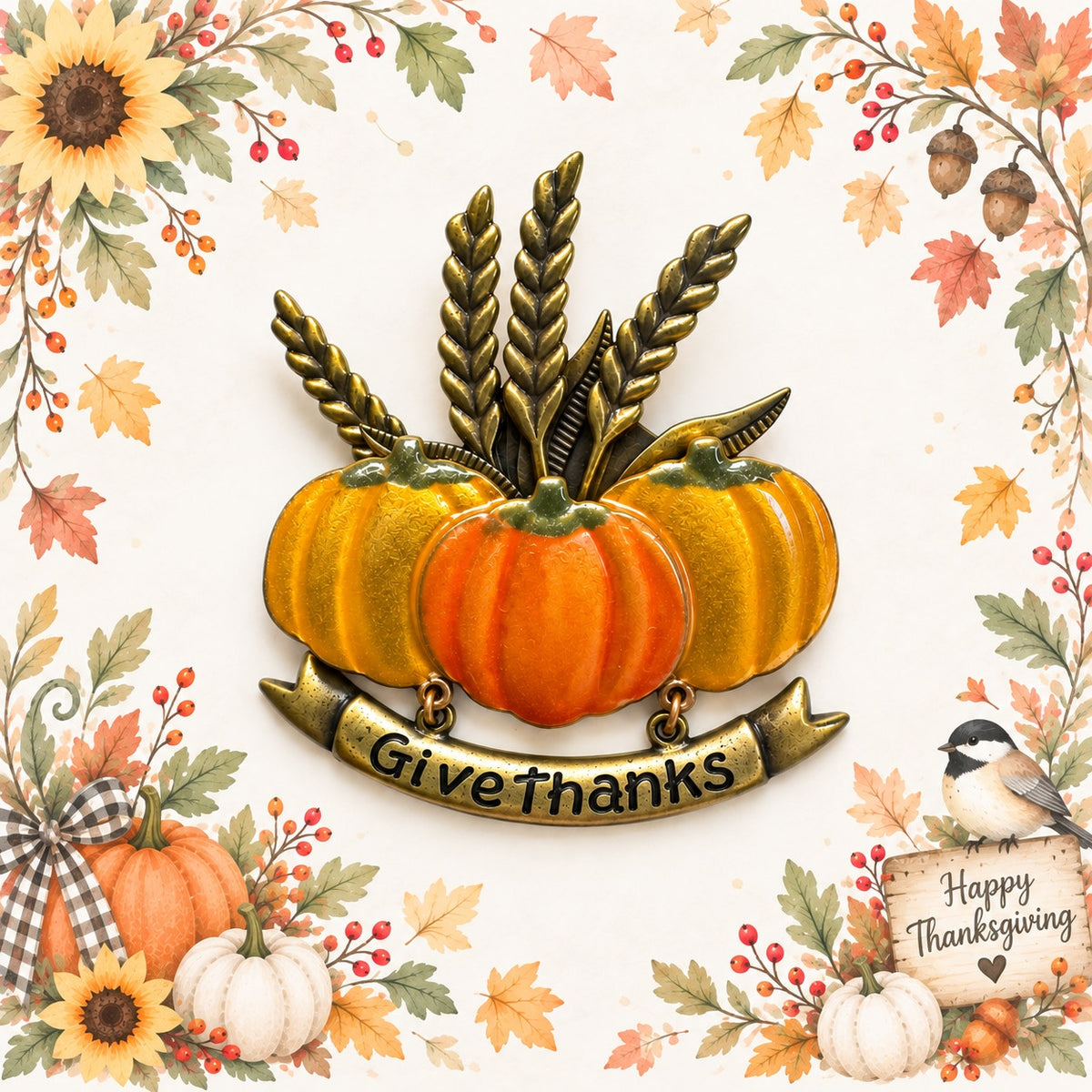 Vintage KC Give Thanks Pumpkin Wheat Brooch Thanksgiving Harvest Fall Pin CP221