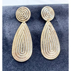 Vintage Gold Tone Teardrop Dangle Post Earrings Statement 3" Textured Retro E509