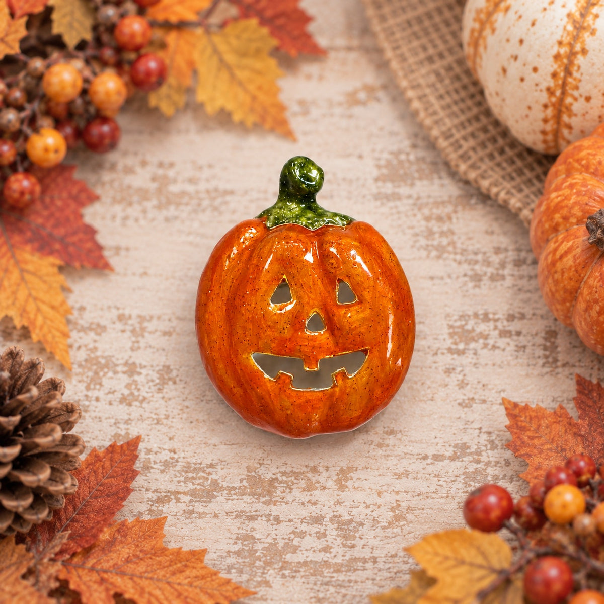 Vintage Orange Enamel Jack O Lantern Pumpkin Brooch Halloween Fall Pin CP205