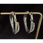 Vintage 1.25" Silver Tone and Rhinestone Double Hoop Earrings E108