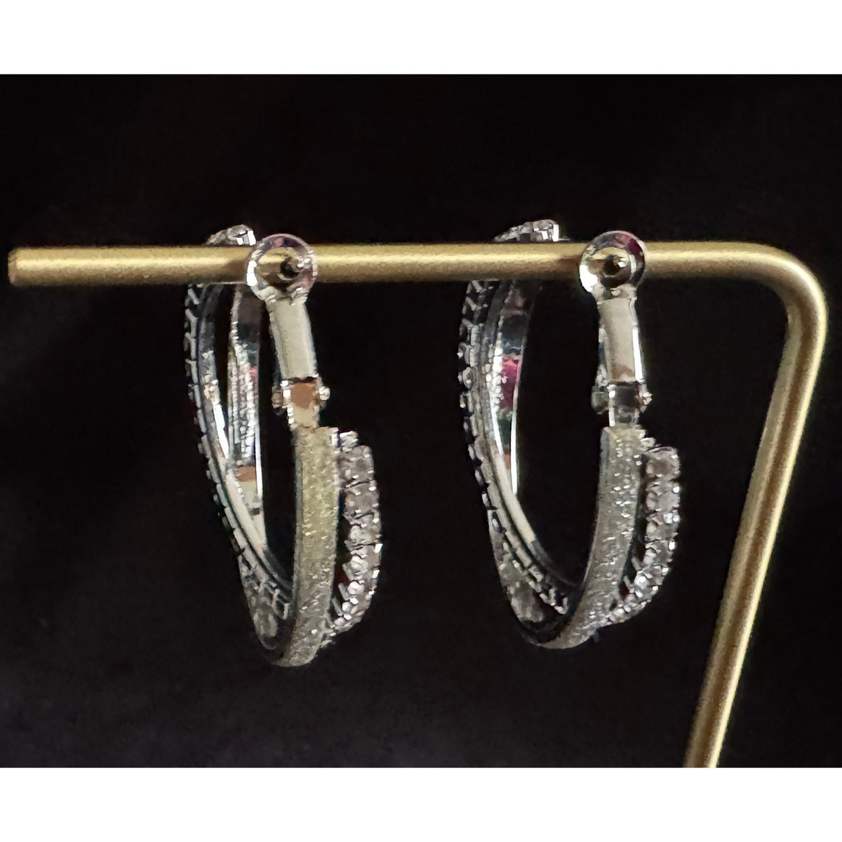 Vintage 1.25" Silver Tone and Rhinestone Double Hoop Earrings E108