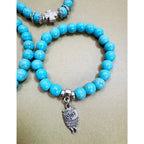 Set of 3 Turquoise Beaded Stretch Bracelets Butterfly Owl Charm Boho  B104