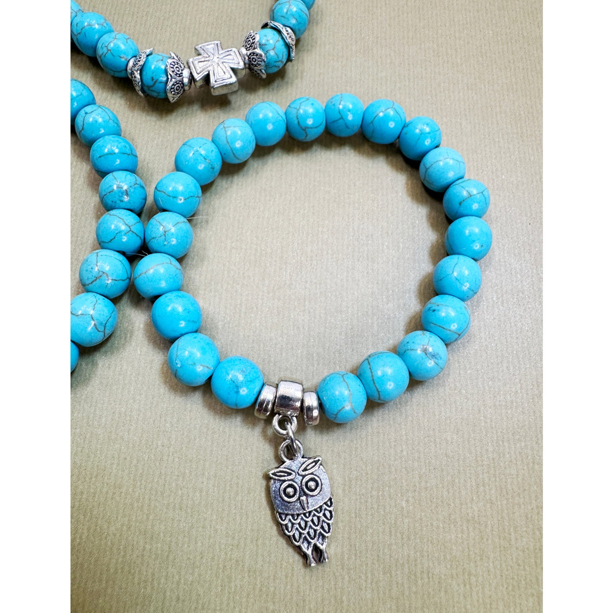 Set of 3 Turquoise Beaded Stretch Bracelets Butterfly Owl Charm Boho  B104