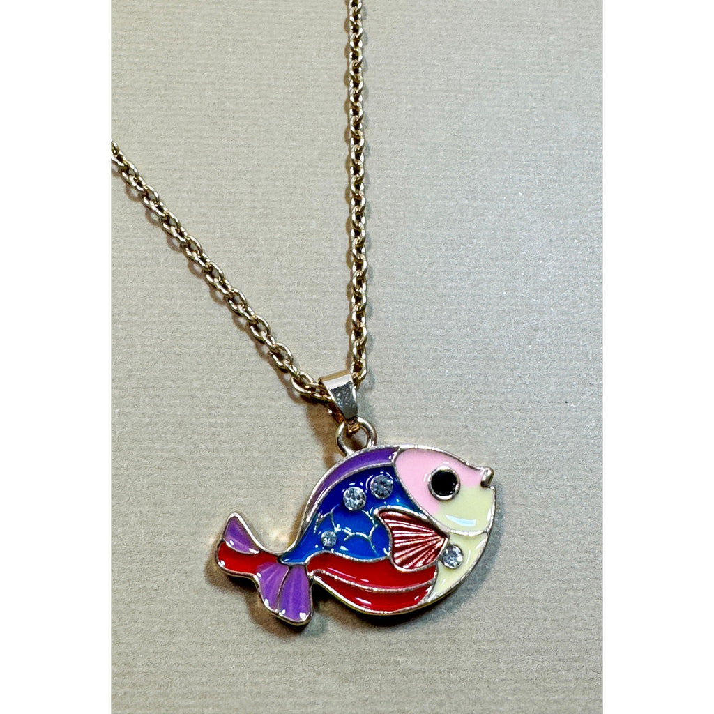 Colorful Tropical Fish Necklace Enamel Pendant Gold Tone Chain 18-20" N304